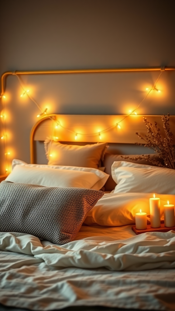 A cozy bedroom scene with string lights and candles creating a warm atmosphere.