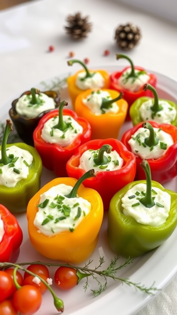 Colorful mini peppers stuffed with cream cheese and herbs on a platter