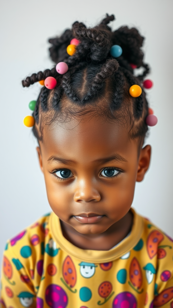 A child with braided hair adorned with colorful beads, wearing a patterned shirt.
