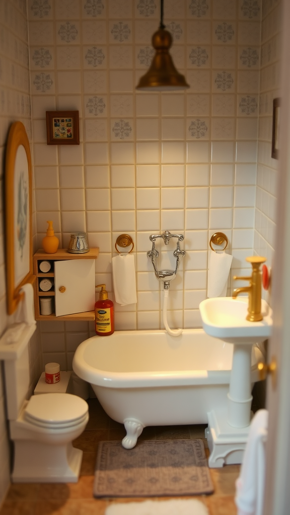 A stylish small bathroom featuring a white bathtub, golden fixtures, and warm tiled walls.