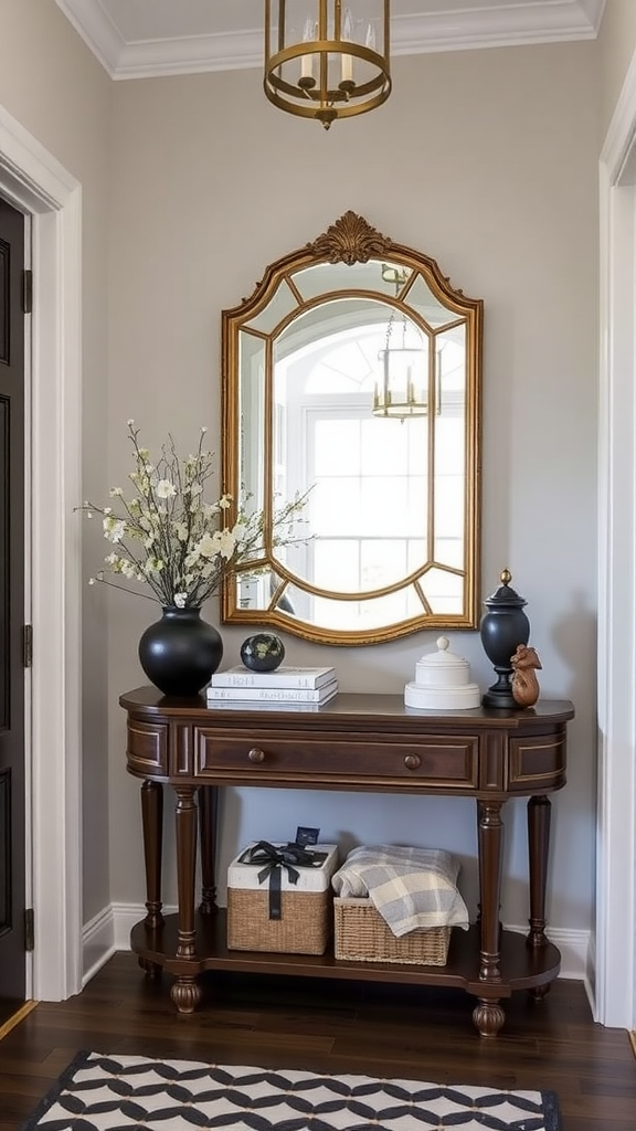 A stylish entryway featuring a wooden console table, decorative vases, a mirror, and a cozy rug.