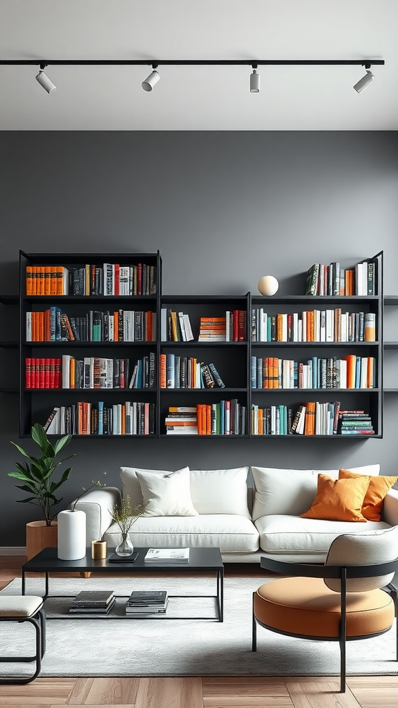 A modern living room with stylish floating bookshelves displaying colorful books, complemented by a cozy sofa and decorative elements.
