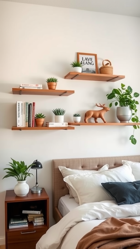 A stylish arrangement of floating shelves with plants, books, and decor above a cozy bed.