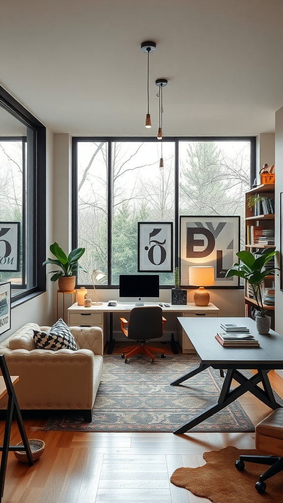 Stylish home office with large windows, plants, and modern furniture.