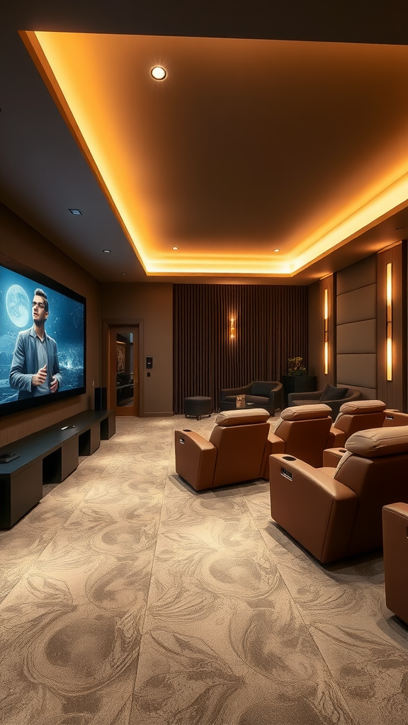 Stylish home theater with comfortable seating and soft lighting