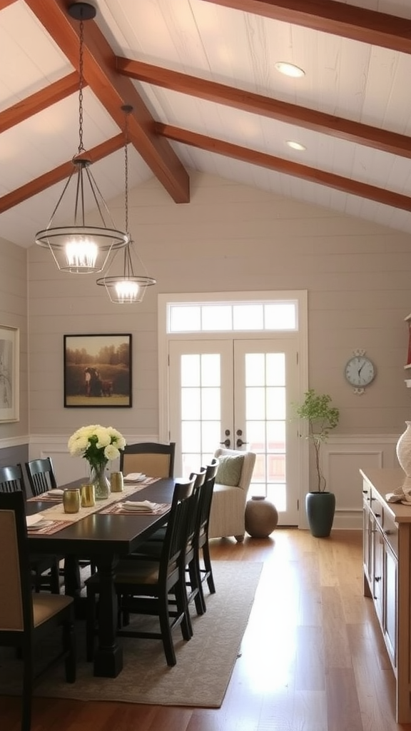 Stylish lighting fixtures in a dining room with wooden beams and a large table.