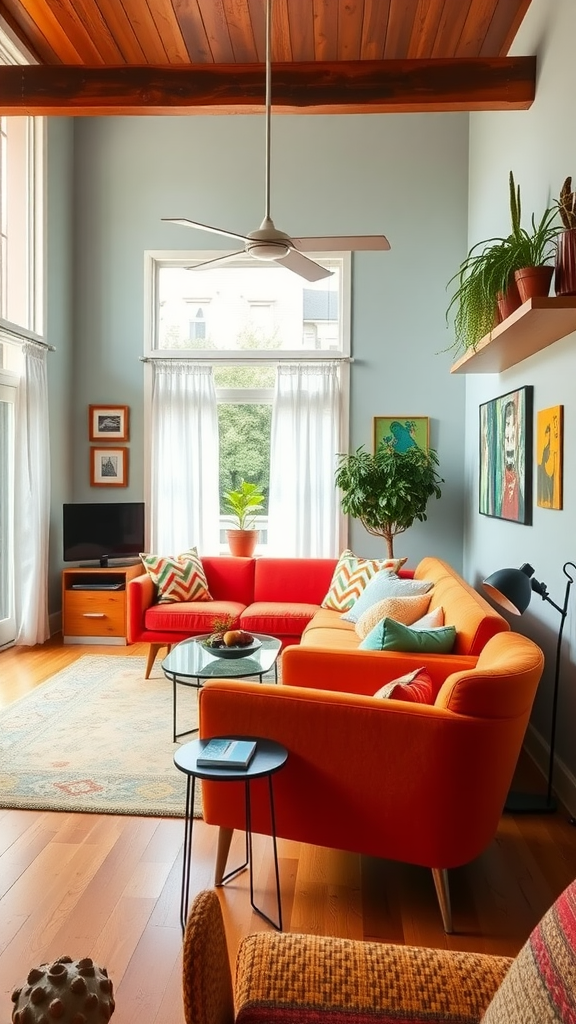 Stylish mid-century modern living room with orange sofa, patterned cushions, and large windows.