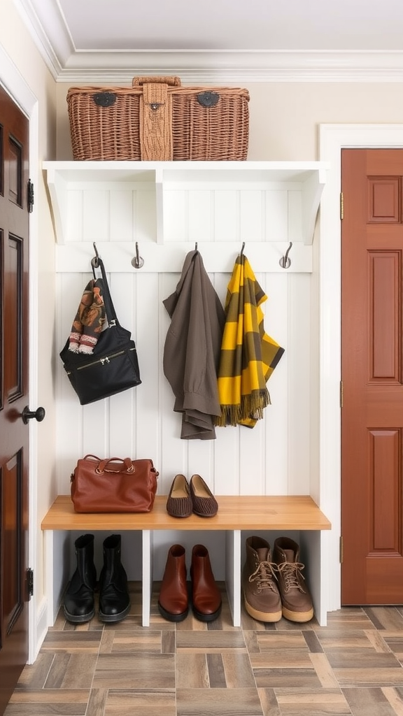 A stylish mudroom with hooks for coats, a bench for shoes, and a basket on top.