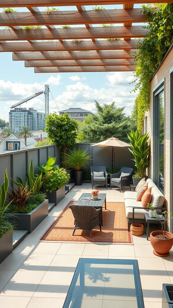 Stylish rooftop garden apartment with plants and seating area.