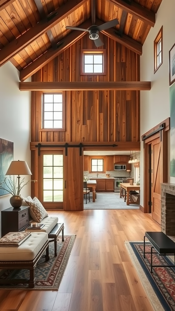 Interior view of a stylish rustic barn home featuring wooden beams and warm tones.