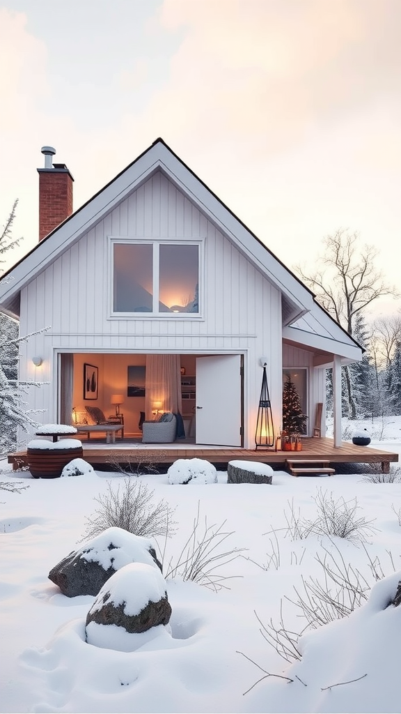 A stylish Scandinavian cottage surrounded by snow, featuring a warm and inviting exterior.