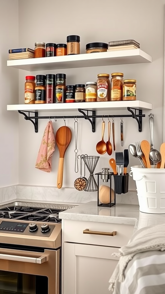 Stylish kitchen storage with open shelves and hanging utensils.