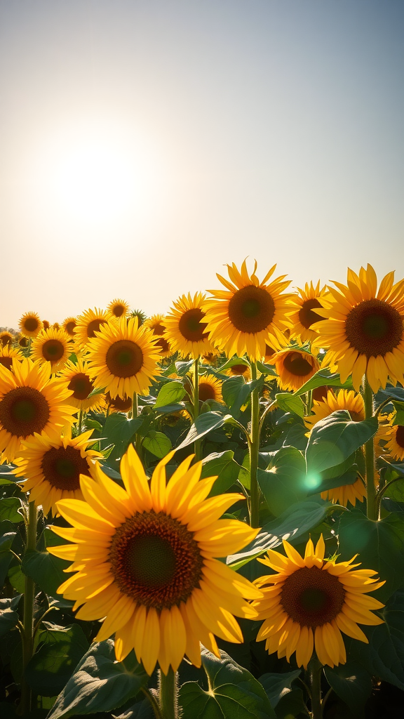 A vibrant field of blooming sunflowers under a clear blue sky.