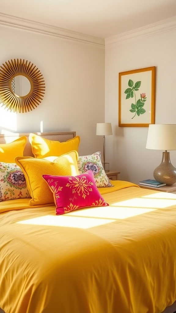 A cozy bedroom featuring sunny yellow bedding and decorative pillows in vibrant colors, illuminated by warm natural light.