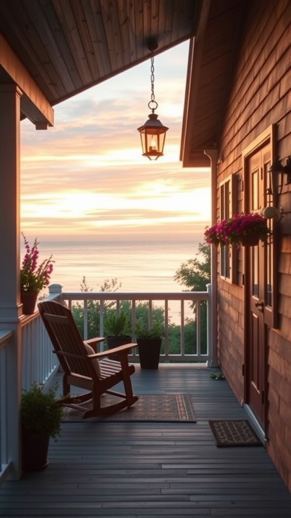 A cozy porch with a rocking chair overlooking a sunset view.