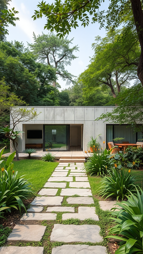 A modern concrete house surrounded by greenery with a stone pathway leading to it.