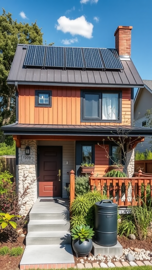 A small house with solar panels, a green garden, and a rainwater collection system.