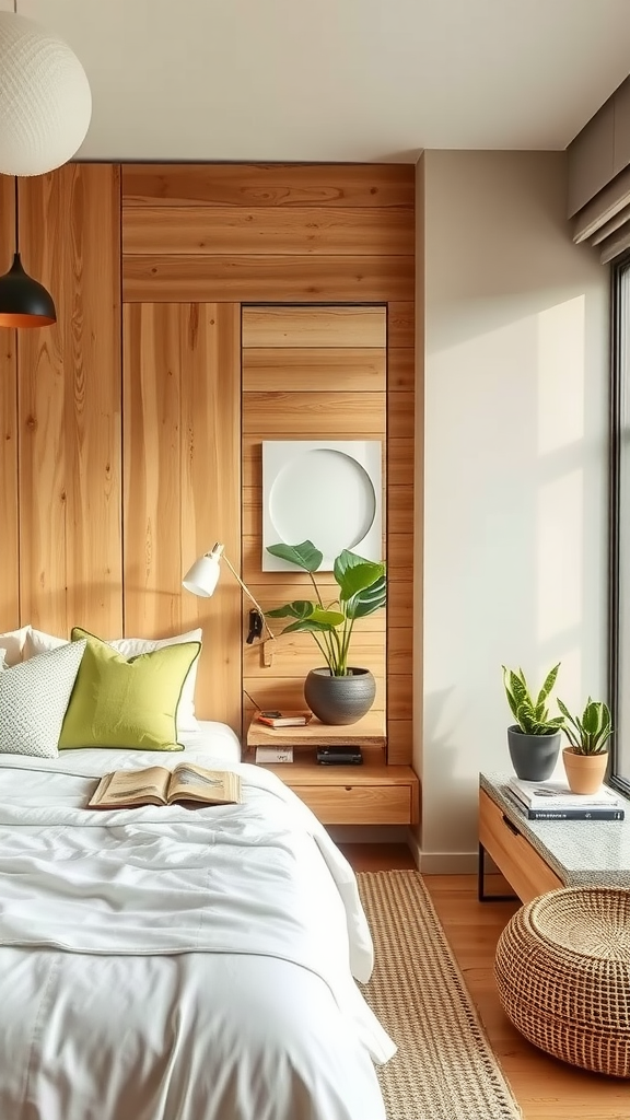 A cozy bedroom featuring wooden walls, plants, and natural light.