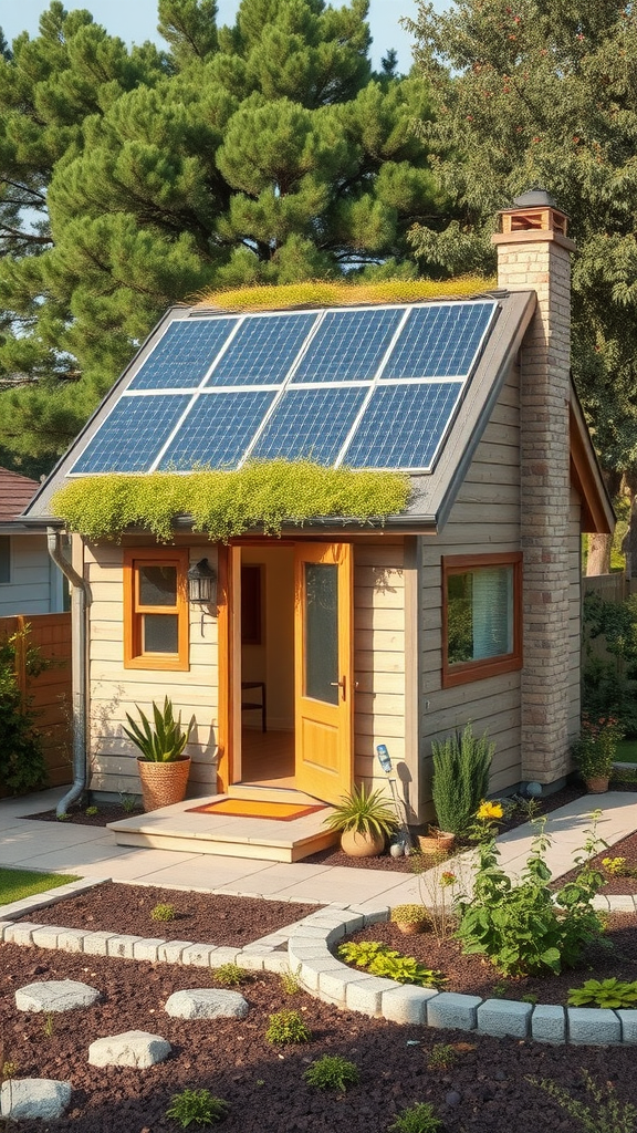 A compact house with solar panels on the roof and greenery, surrounded by a landscaped garden.