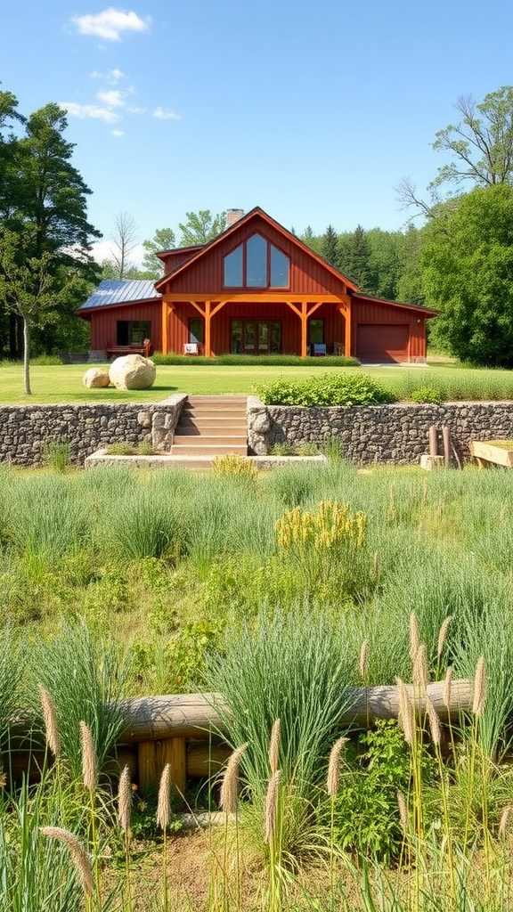 A bright red pole barn house surrounded by greenery and stone walls