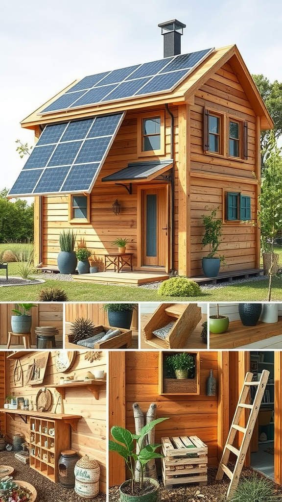 A charming pallet house with solar panels, surrounded by plants and decorative elements.