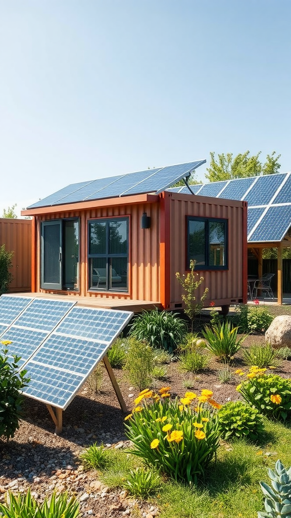 A modern eco-friendly home made from shipping containers with solar panels and a colorful garden.