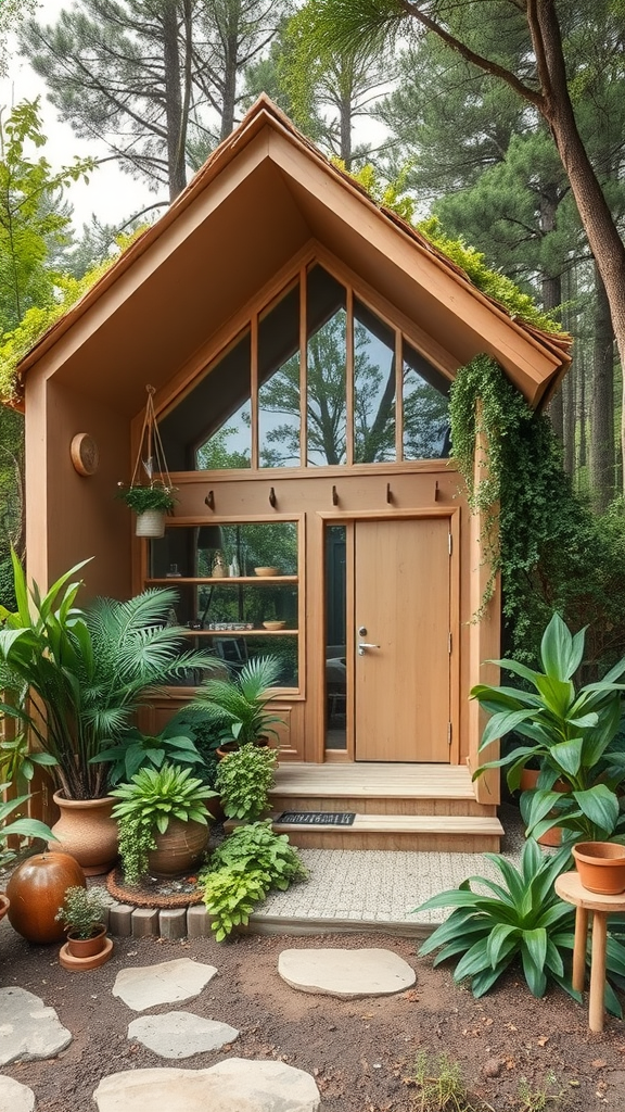 A sustainable cardboard structure surrounded by plants and trees.