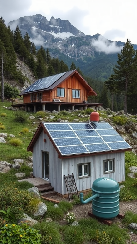 Mountain houses with solar panels and a rainwater collection system