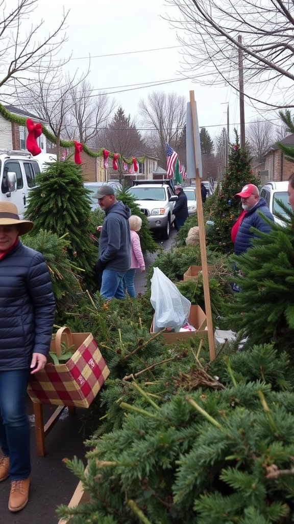 People at a Christmas tree sale with several trees and festive decorations