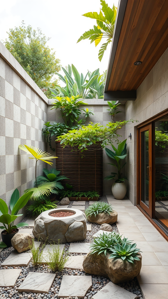 A serene courtyard featuring a circular fire pit, lush plants, and natural stones, surrounded by a modern design.