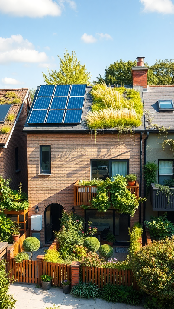 A modern townhouse with solar panels and green roofs featuring lush plants and balconies.