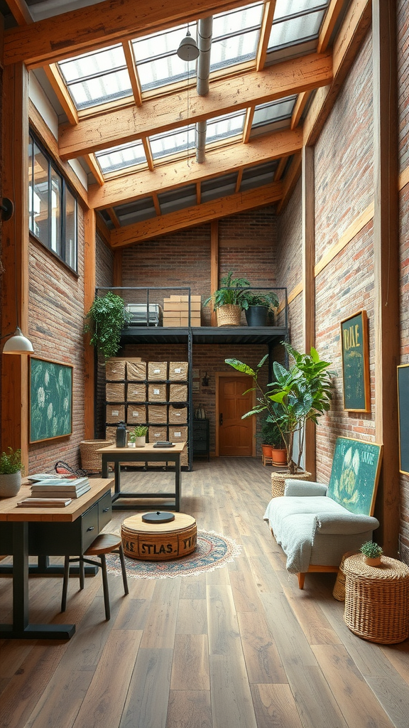 Interior of a renovated warehouse with natural light, wooden beams, plants, and organized storage.