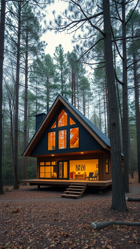 A modern wooden house with large windows surrounded by tall trees in a forest.