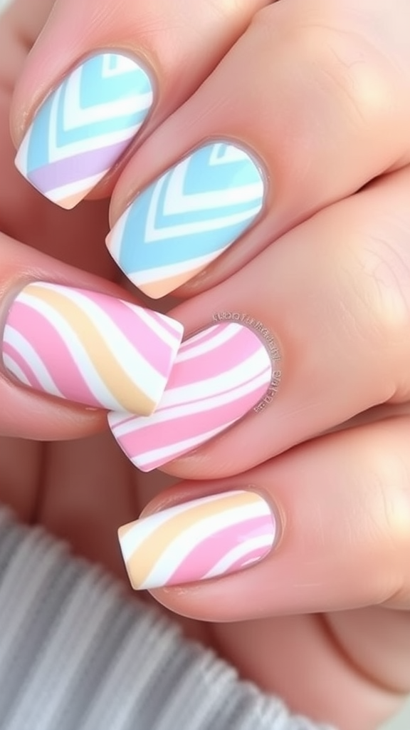 Colorful candy stripe nail design featuring blue, pink, and yellow stripes.