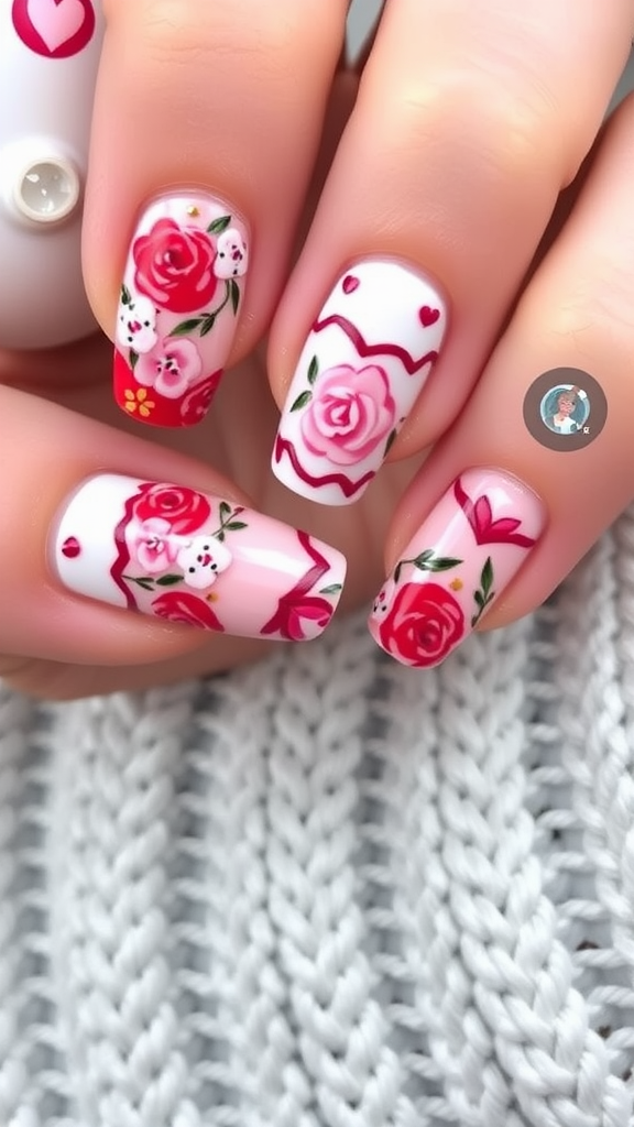 Close-up of beautifully designed floral nail art with roses and hearts.