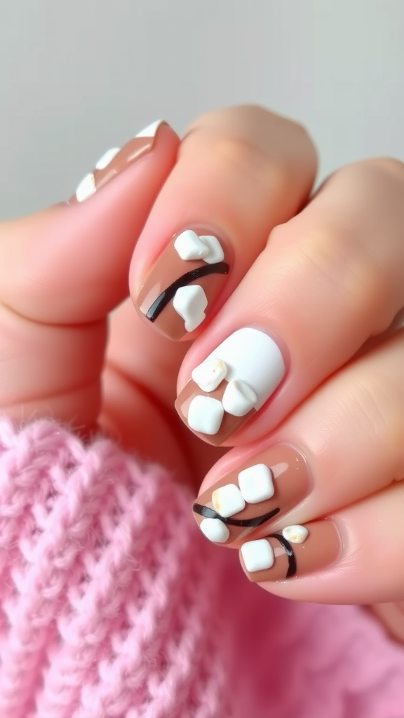 Nail art design featuring a hot cocoa theme with a brown base and white marshmallow accents.