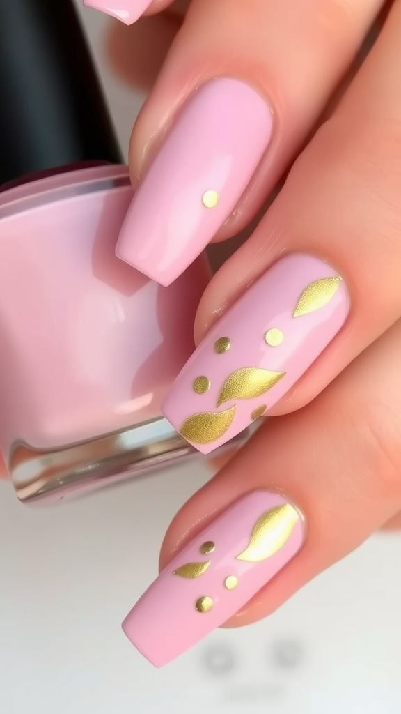 Nail design featuring pink polish and gold leaf accents.