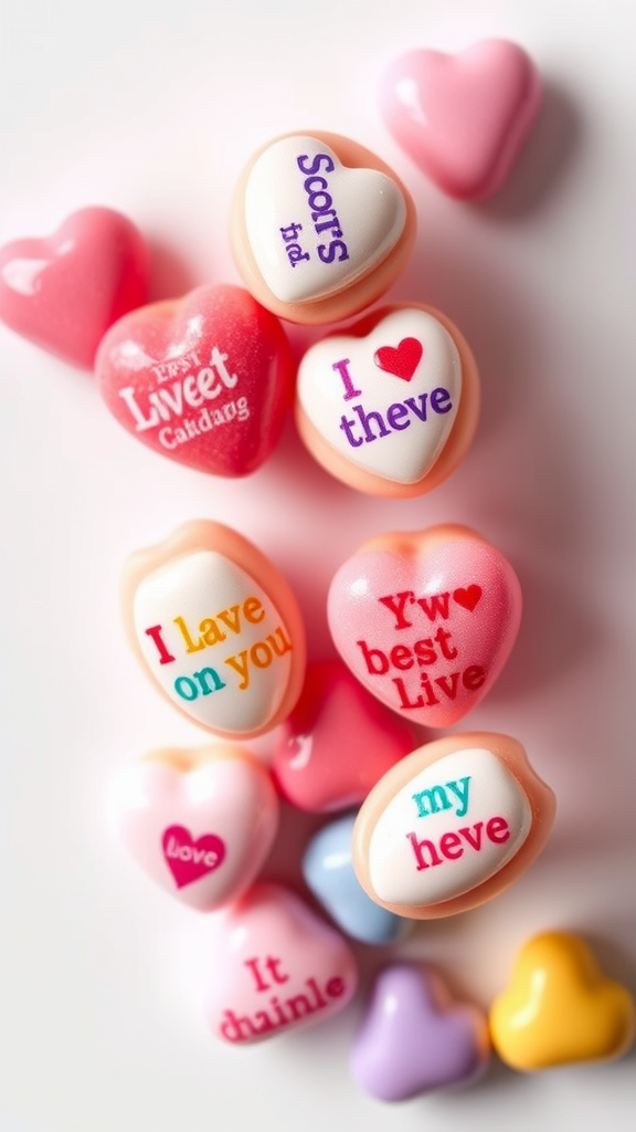 Colorful sweetheart candy shaped nails with cute messages.