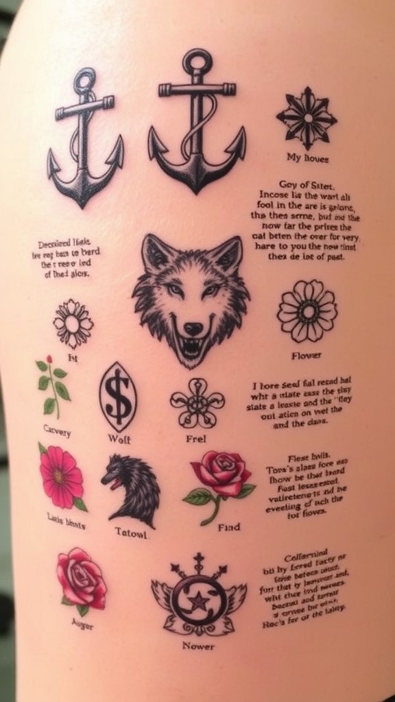 A collection of tattoo designs featuring anchors, a wolf, roses, and various symbols.