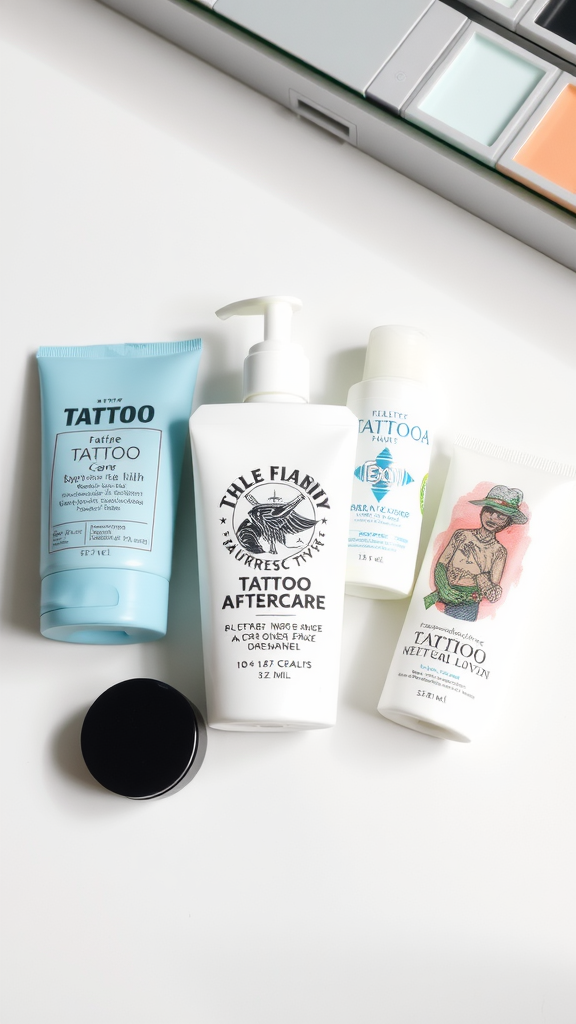 Various tattoo aftercare products displayed on a white surface, including balms and lotions.