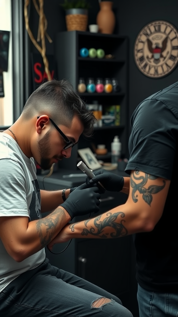 Tattoo artist focusing on a tattoo design on a client's arm.