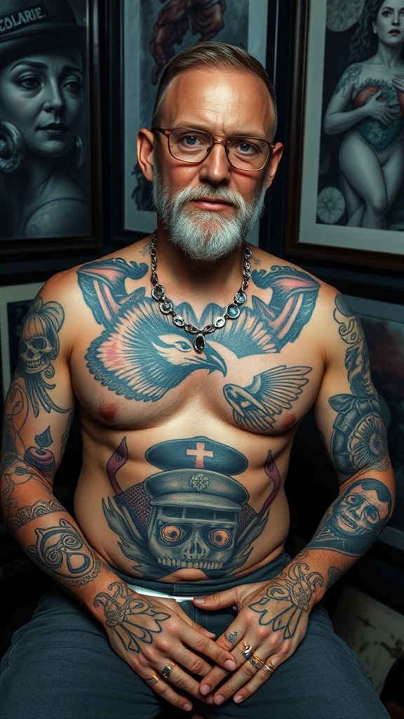 A tattoo collector showing off his intricate tattoos while sitting in front of framed tattoo artwork.