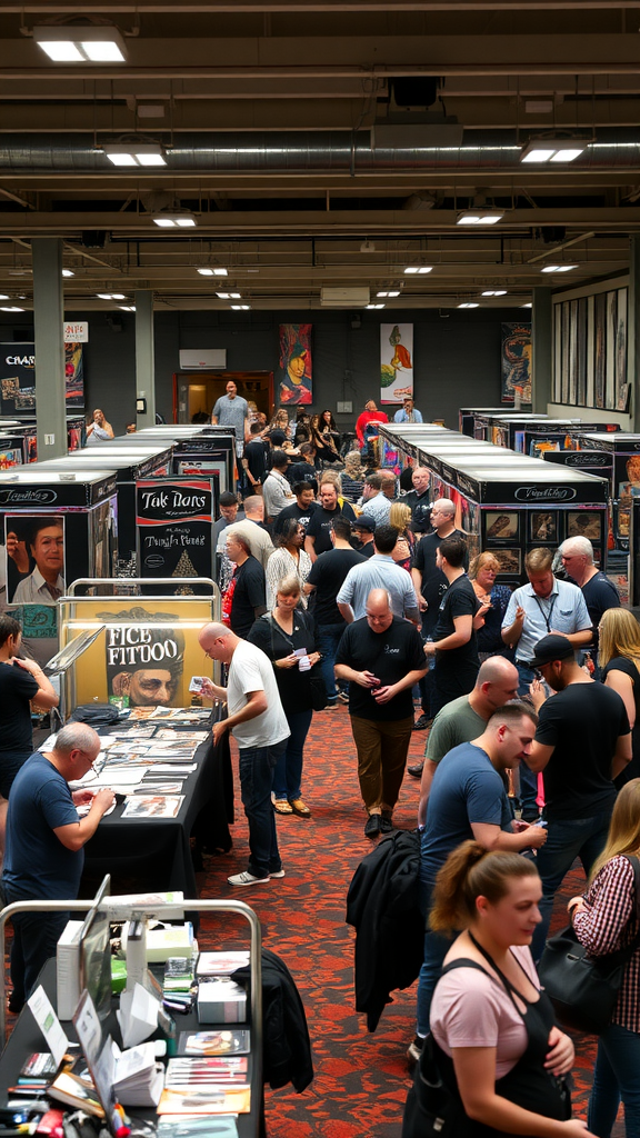 A busy tattoo convention with people browsing artist booths and portfolios.