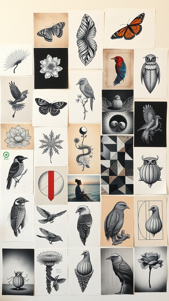 A collage of various tattoo designs including butterflies, birds, and flowers.