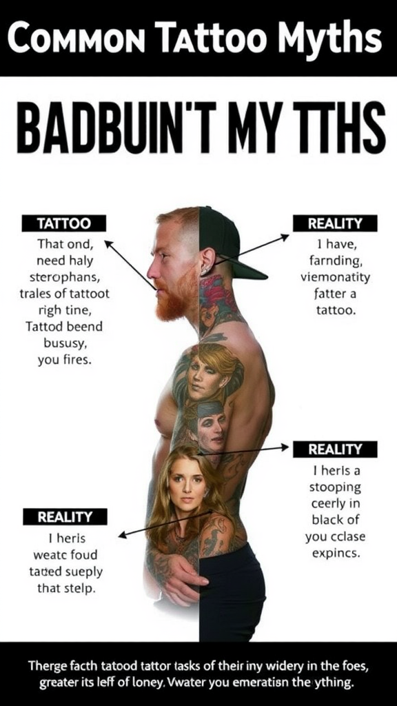 An infographic comparing tattoo myths and realities, featuring a man and woman with tattoos.