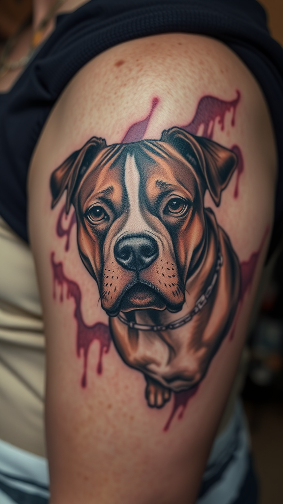 A detailed tattoo portrait of a dog on a person's arm.