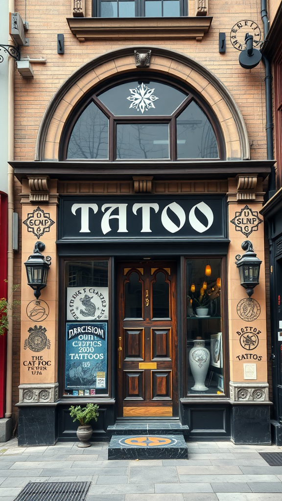 Entrance of a stylish tattoo studio with a bold 'TATOO' sign and artistic designs on the walls.