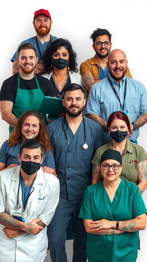 A diverse group of tattooed healthcare professionals posing together, showcasing their individuality and breaking stereotypes.