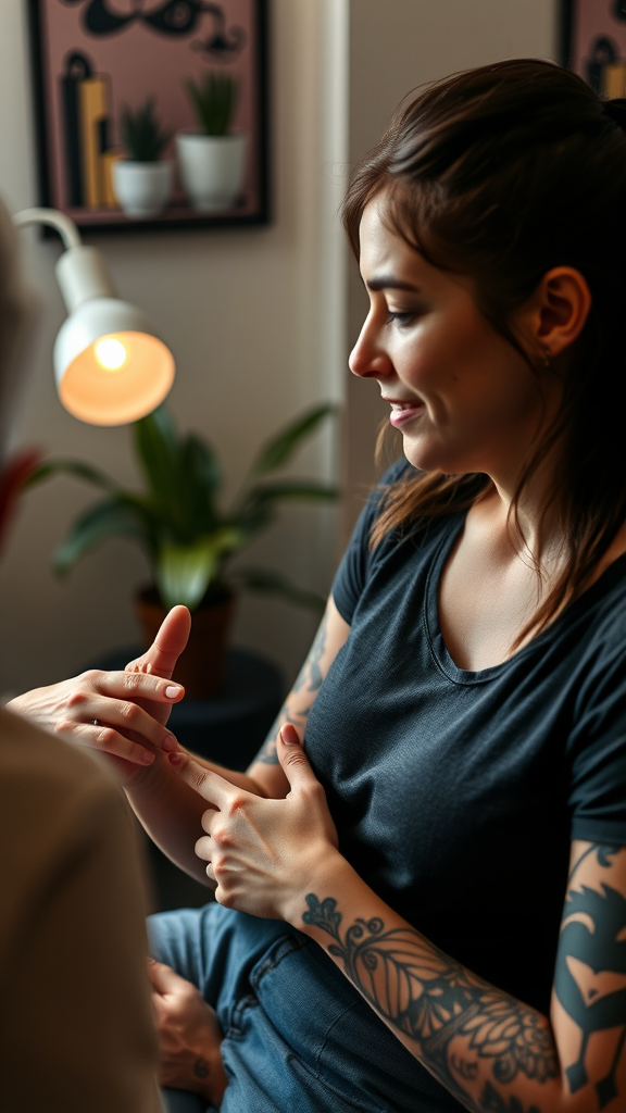 A woman with tattoos is sitting and talking to a tattoo artist, showing comfort and connection in a cozy setting.