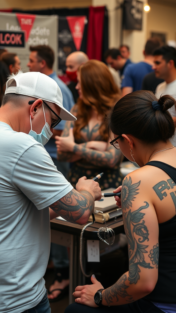 A tattoo artist working on a client at a charity event, surrounded by a crowd.